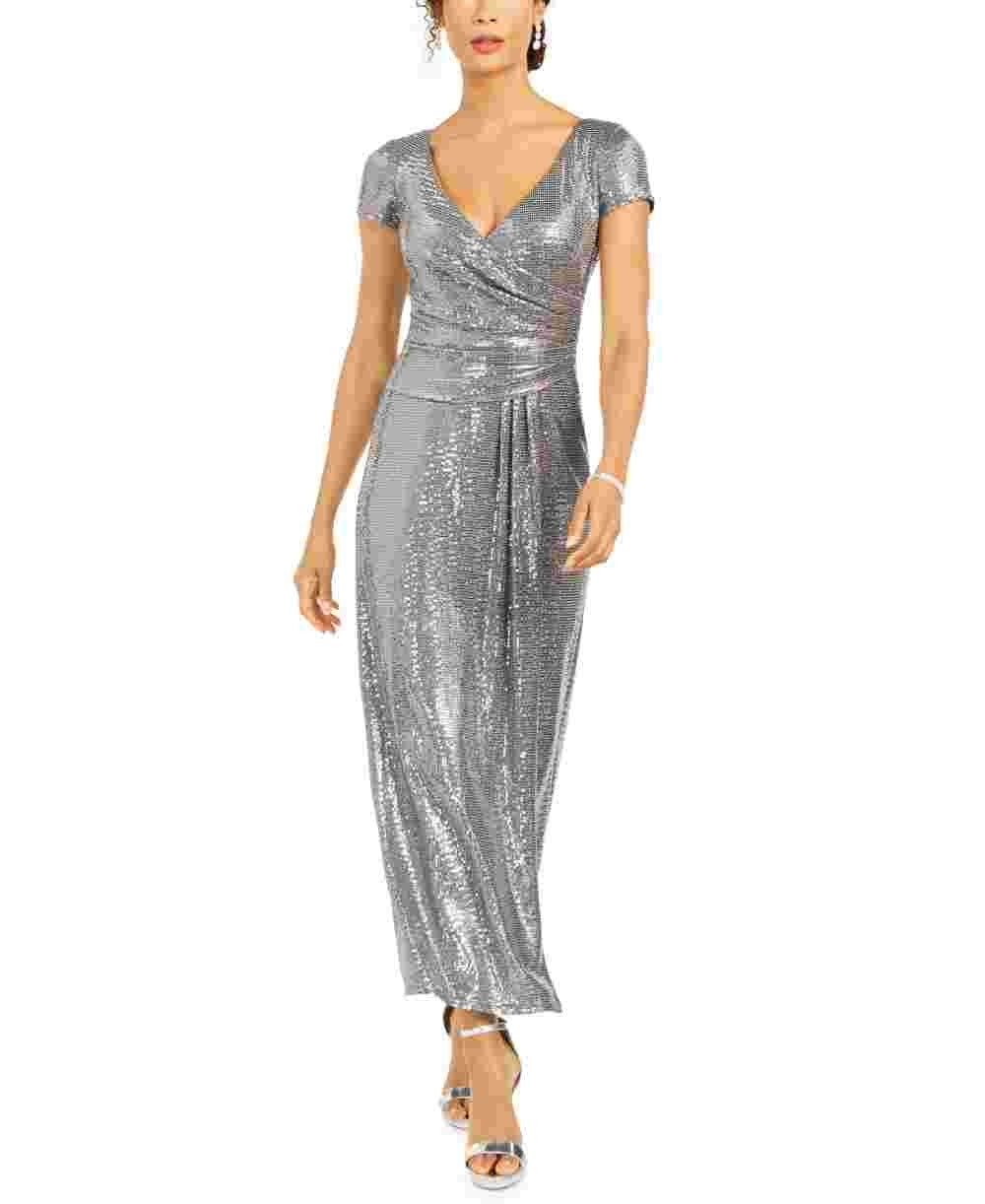Vestido tubinho drapeado com lantejoulas R &amp; M Richards feminino, tamanho 10, prateado, pequeno