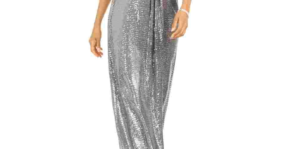 Vestido tubinho drapeado com lantejoulas R &amp; M Richards feminino, tamanho 10, prateado, pequeno