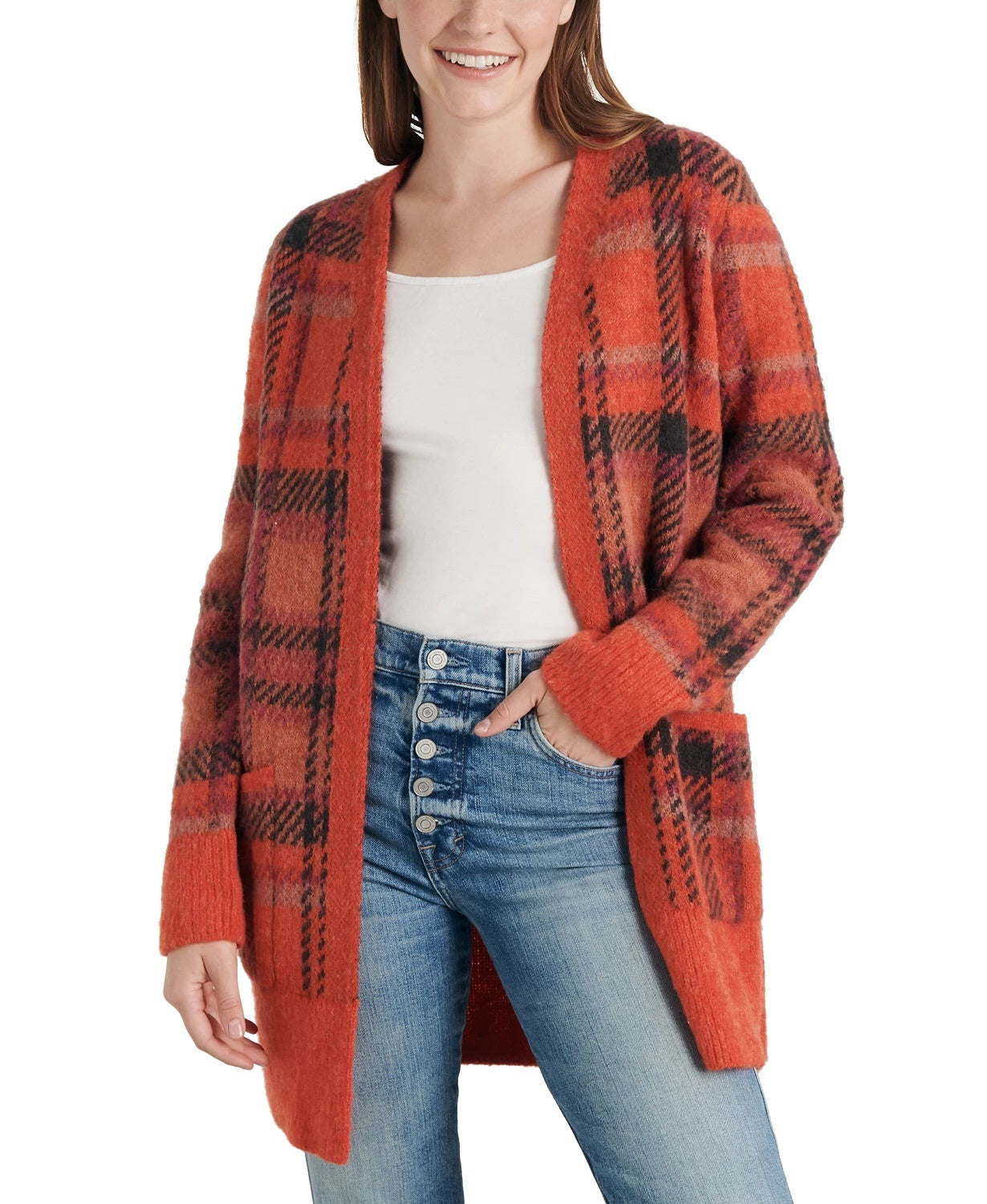 Lucky Brand Cardigan Feminino Xadrez Frente Aberta Tamanho Médio Vermelho