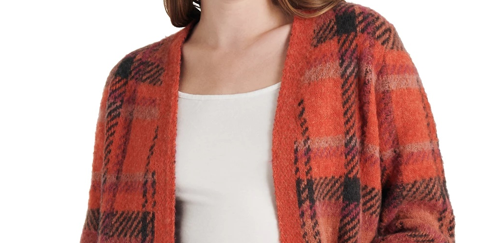 Lucky Brand Cardigan Feminino Xadrez Frente Aberta Tamanho Médio Vermelho