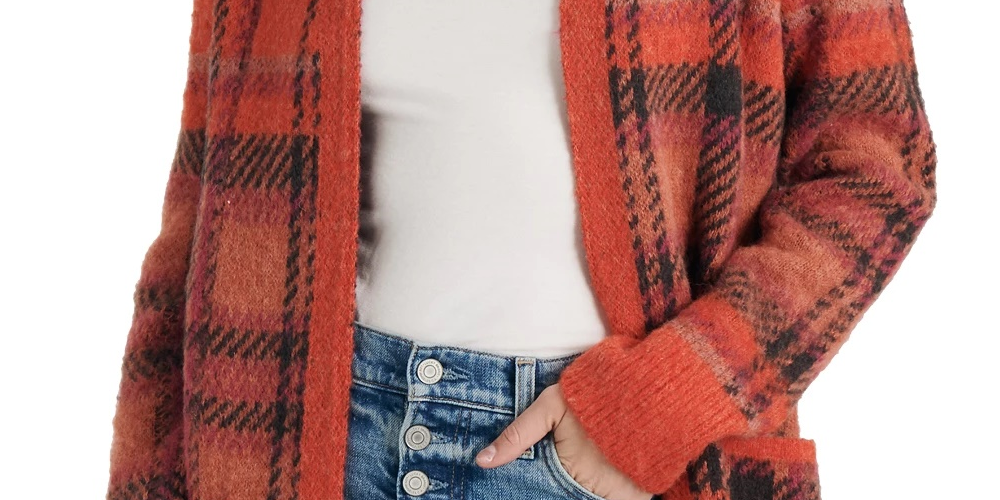 Lucky Brand Cardigan Feminino Xadrez Frente Aberta Tamanho Médio Vermelho