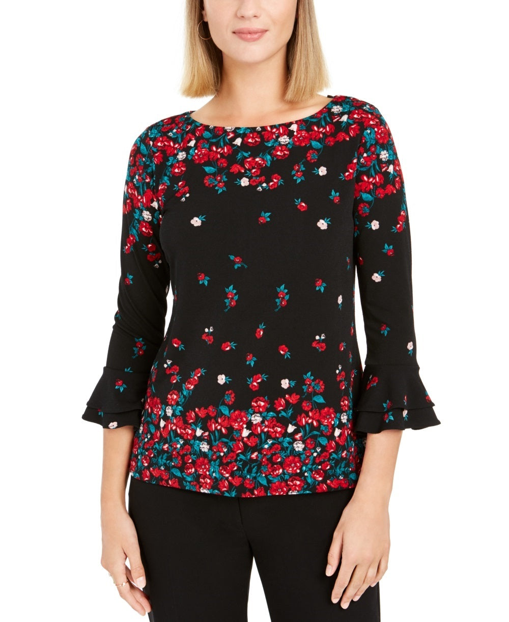 Blusa feminina com estampa floral e manga sino Charter Club, preta, tamanho X-S