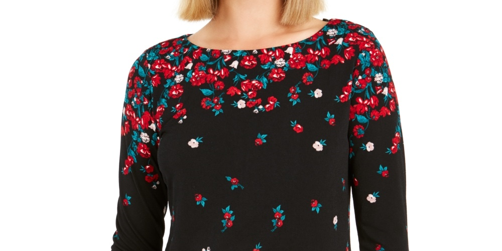 Blusa feminina com estampa floral e manga sino Charter Club, preta, tamanho X-S
