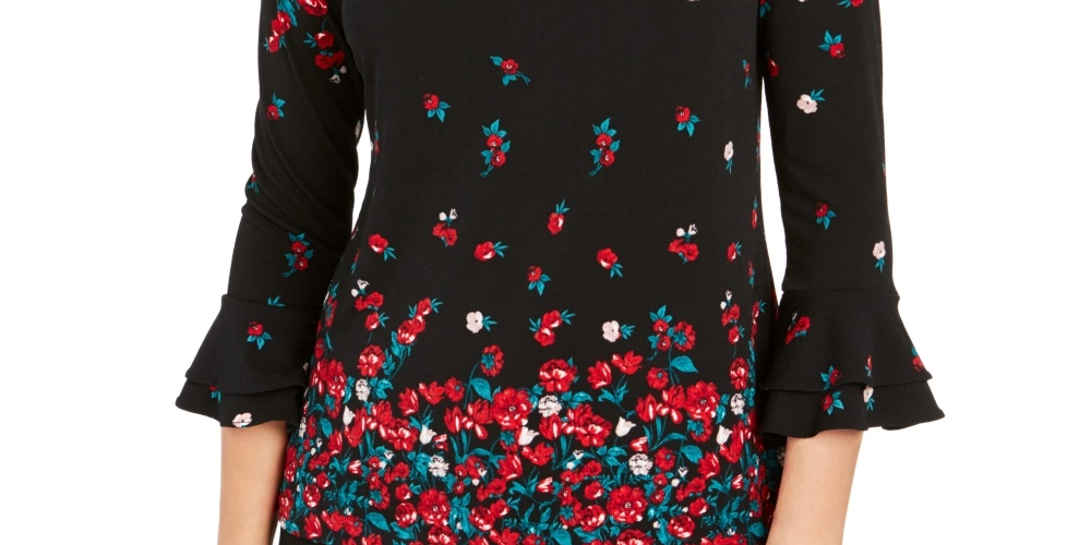 Blusa feminina com estampa floral e manga sino Charter Club, preta, tamanho X-S
