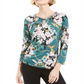 JM Collection Blusa feminina estampada com decote em corrente e estampa floral verde, tamanho pequeno G