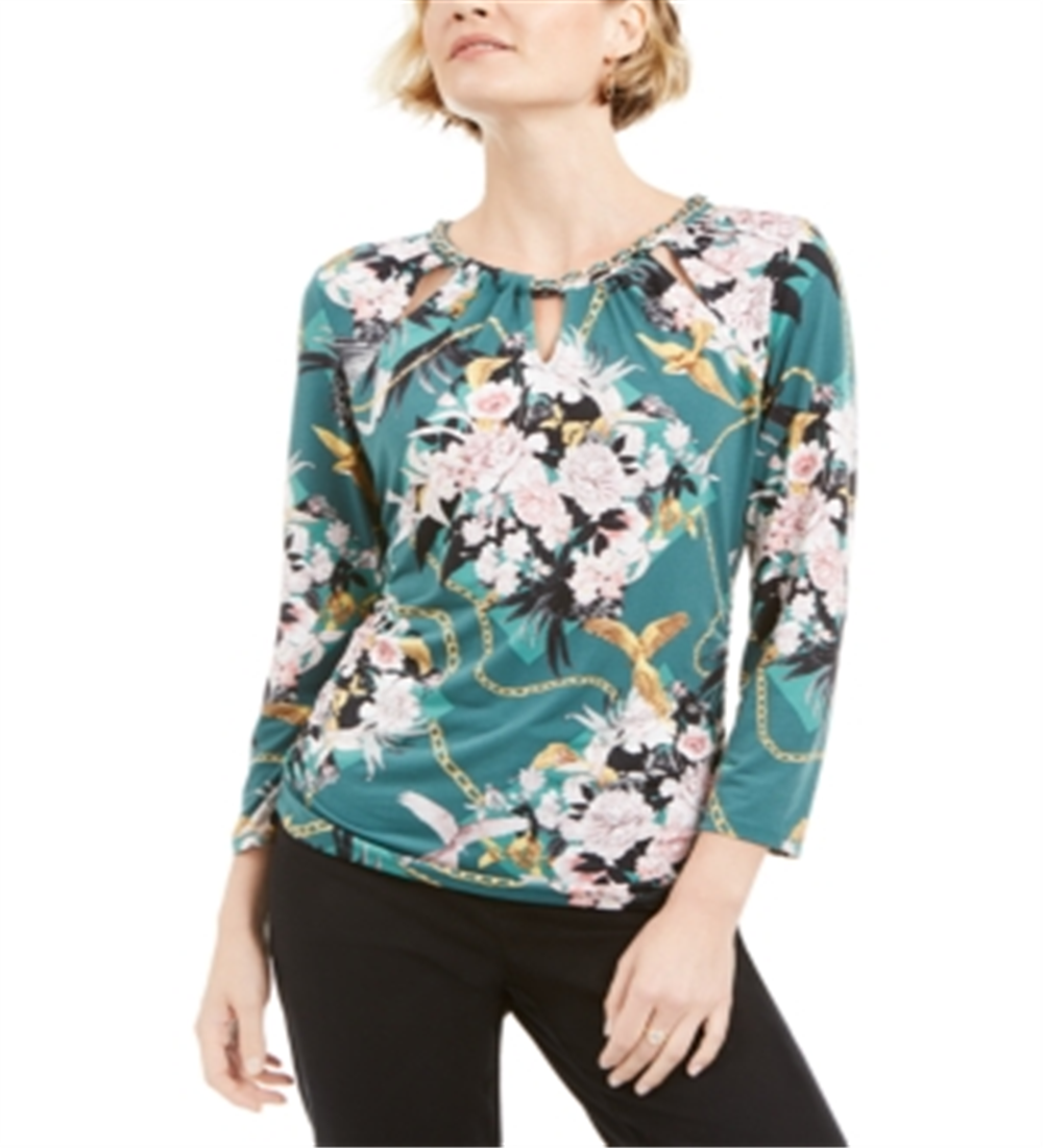 JM Collection Blusa feminina estampada com decote em corrente e estampa floral verde, tamanho pequeno G
