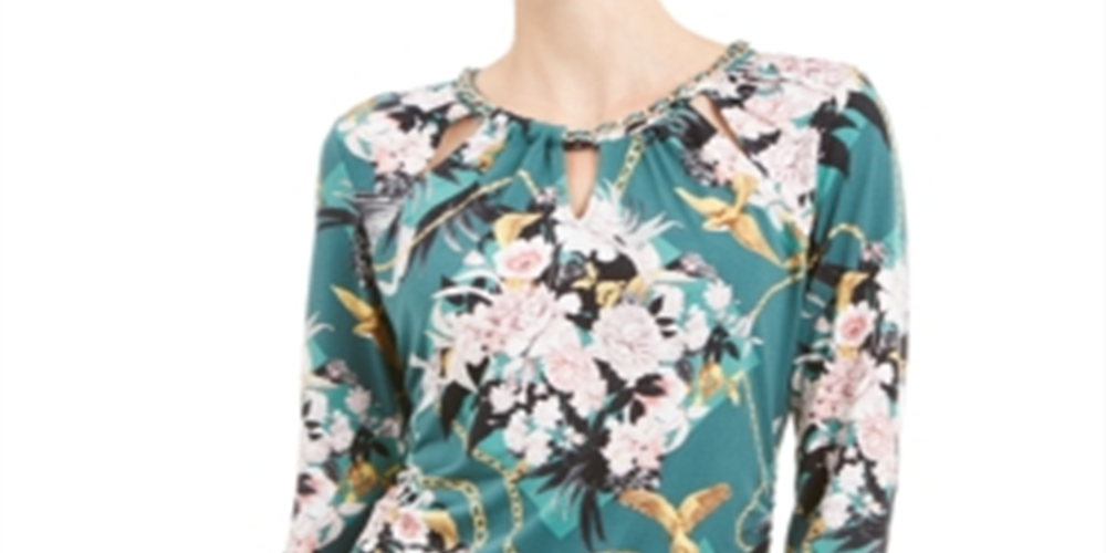 JM Collection Blusa feminina estampada com decote em corrente e estampa floral verde, tamanho pequeno G