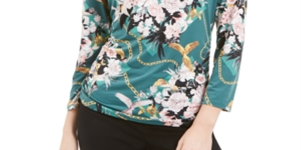 JM Collection Blusa feminina estampada com decote em corrente e estampa floral verde, tamanho pequeno G
