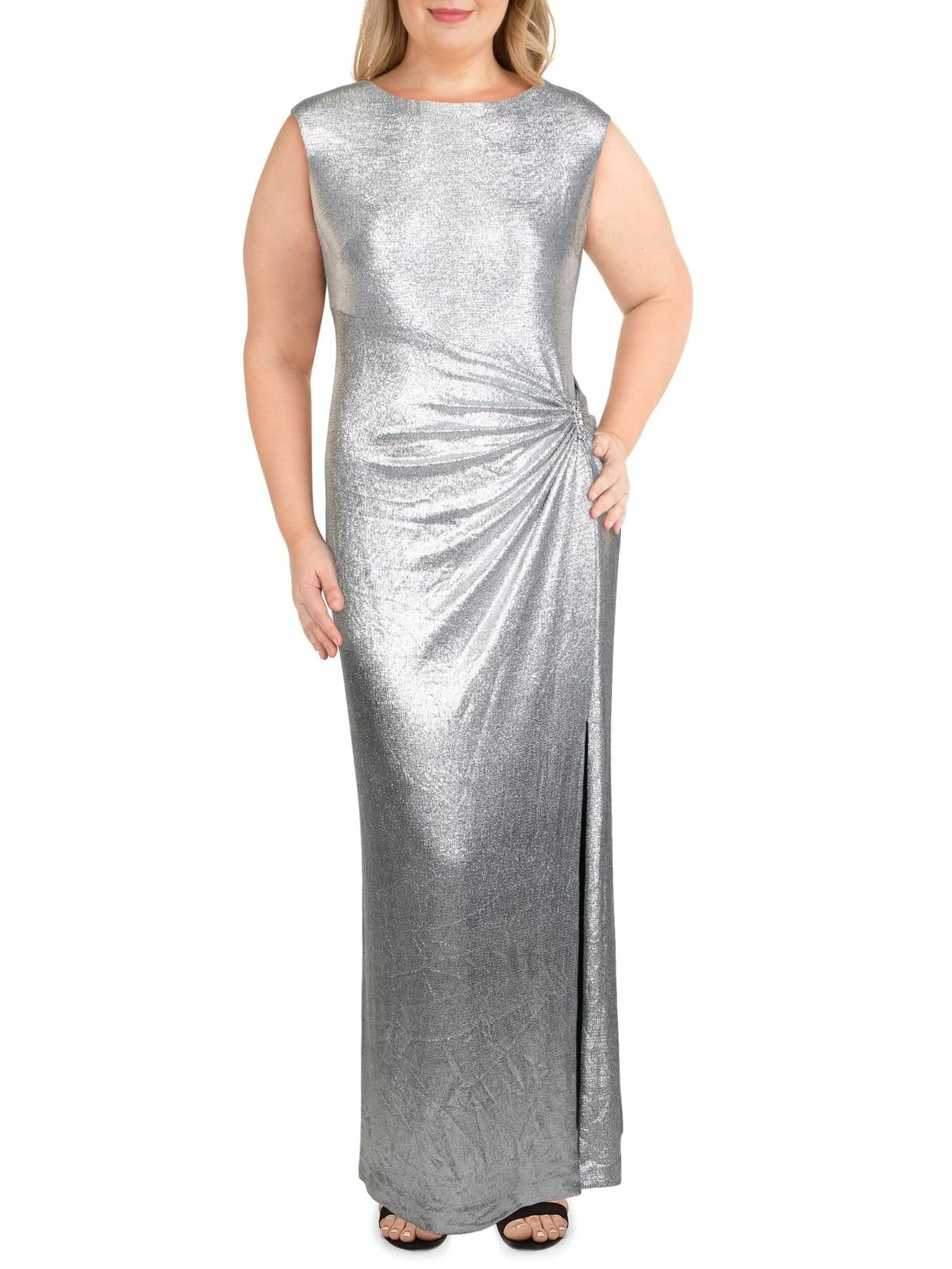 Vestido de noite feminino Ralph Lauren Ilianna metálico franzido cinza tamanho 10