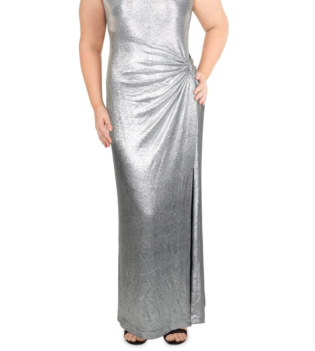 Vestido de noite feminino Ralph Lauren Ilianna metálico franzido cinza tamanho 10