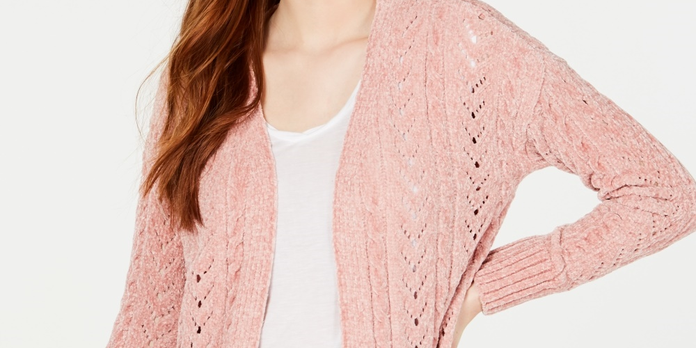 Cardigan Hippie Rose Juniors Pointelle-Knit Chenille Rosa Tamanho Grande