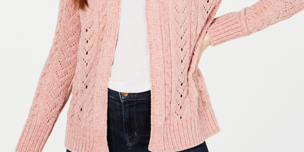 Cardigan Hippie Rose Juniors Pointelle-Knit Chenille Rosa Tamanho Grande