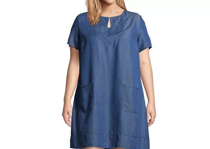 Vestido feminino plus size John Paul Richard com decote em V e mangas bufantes, azul, tamanho 2X