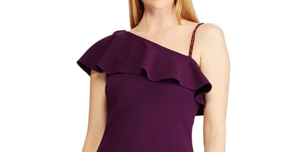 Vestido de coquetel curto com decote assimétrico e manga curta Ralph Lauren feminino, roxo, tamanho 10
