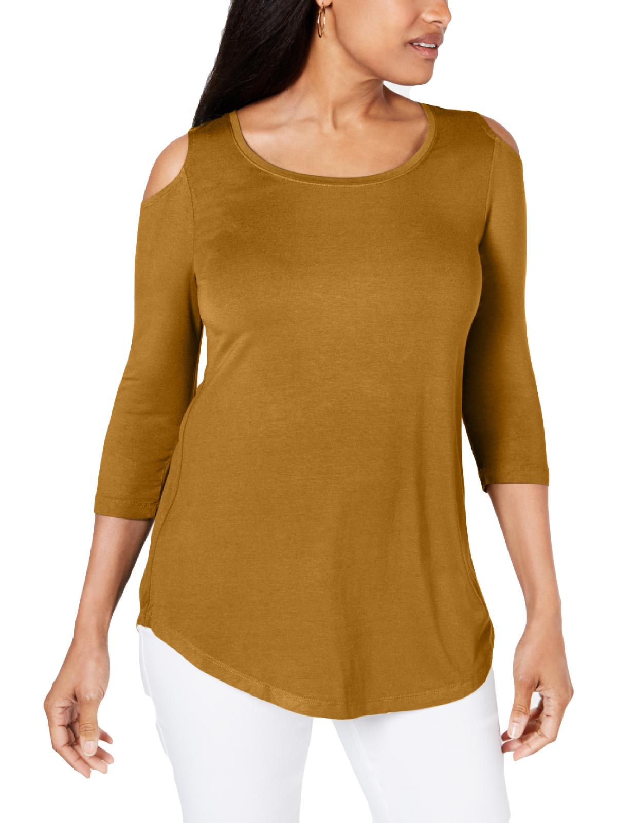 Blusa feminina JM Collection com ombros descobertos e mangas compridas, mostarda, tamanho pequeno e pequeno