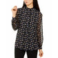 Blusa feminina Anne Klein estampada, manga comprida, gola mandarim, cinza, tamanho pequeno