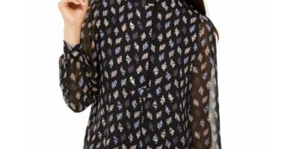 Blusa feminina Anne Klein estampada, manga comprida, gola mandarim, cinza, tamanho pequeno