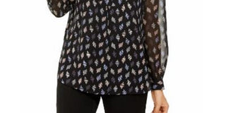 Blusa feminina Anne Klein estampada, manga comprida, gola mandarim, cinza, tamanho pequeno