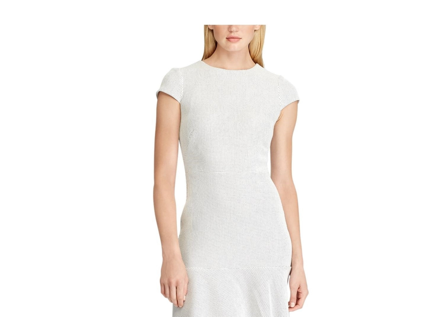 Vestido Ralph Lauren Feminino Branco com Zíper e Bolinhas, Manga Curta, Gola Joia, Comprimento até o Joelho, Ajuste Fino e Flare, Azul e Branco, Tamanho 10