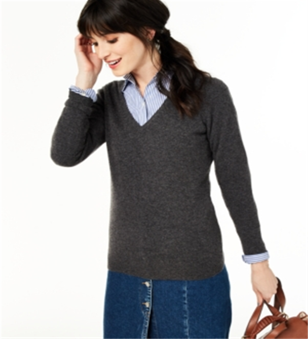 Suéter de cashmere feminino com decote em V Charter Club, cinza, tamanho pequeno P