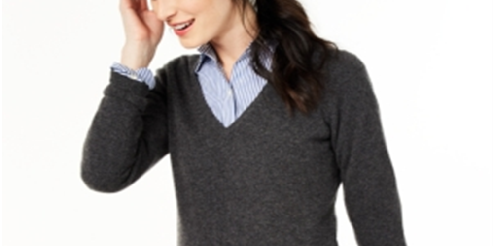 Suéter de cashmere feminino com decote em V Charter Club, cinza, tamanho pequeno P