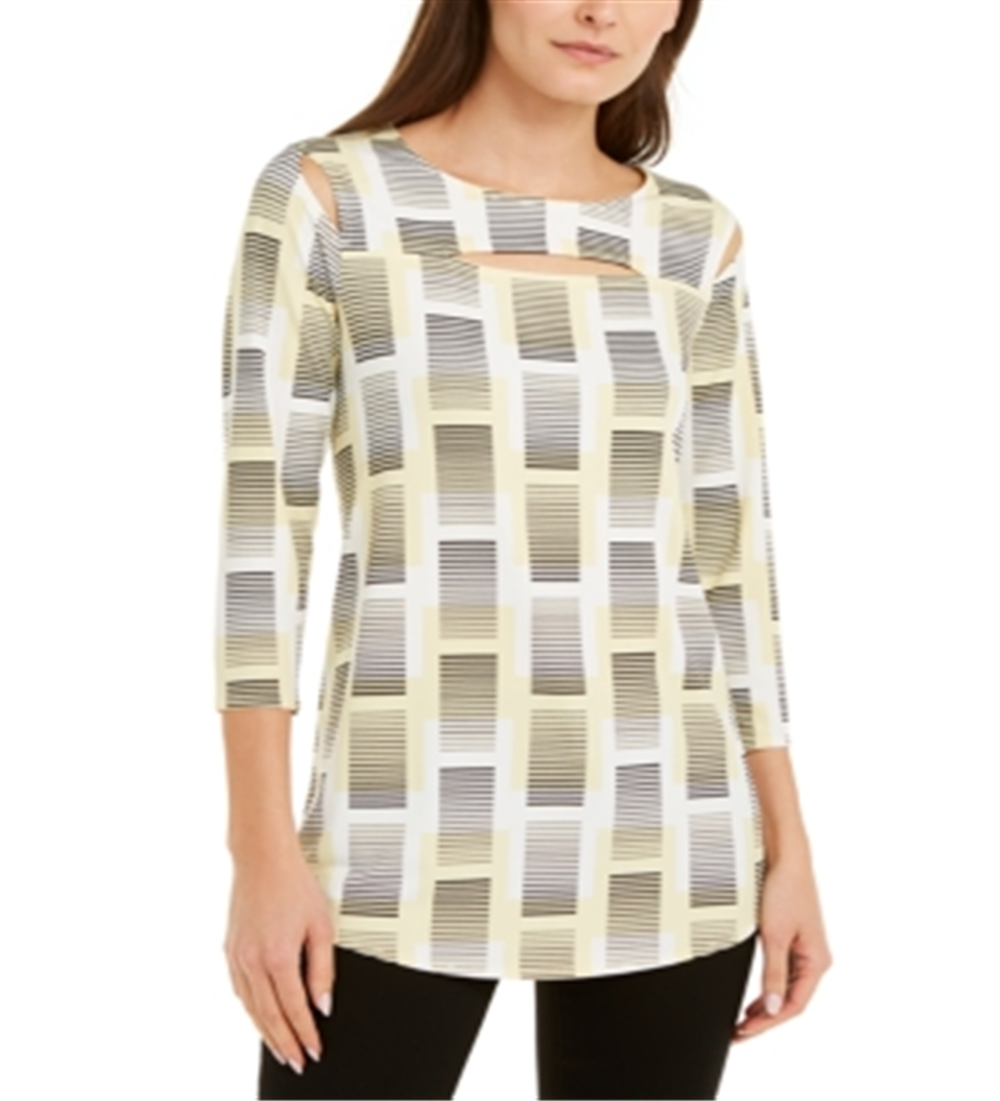 Blusa feminina Alfani com recorte estampado, branca/limão, tamanho pequeno