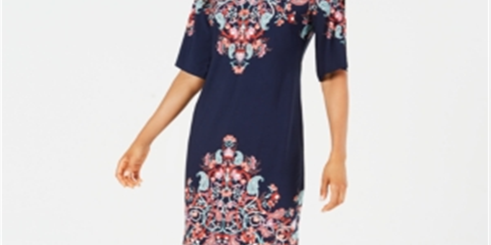 Vestido estampado com mangas cortadas e estampado JM Collection para mulheres, azul, vários tamanhos, pequeno P