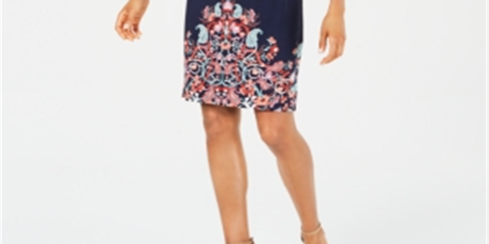 Vestido estampado com mangas cortadas e estampado JM Collection para mulheres, azul, vários tamanhos, pequeno P