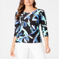 JM Collection Blusa feminina estampada com manga 3/4 em jacquard, preta, vários tamanhos, pequena, G