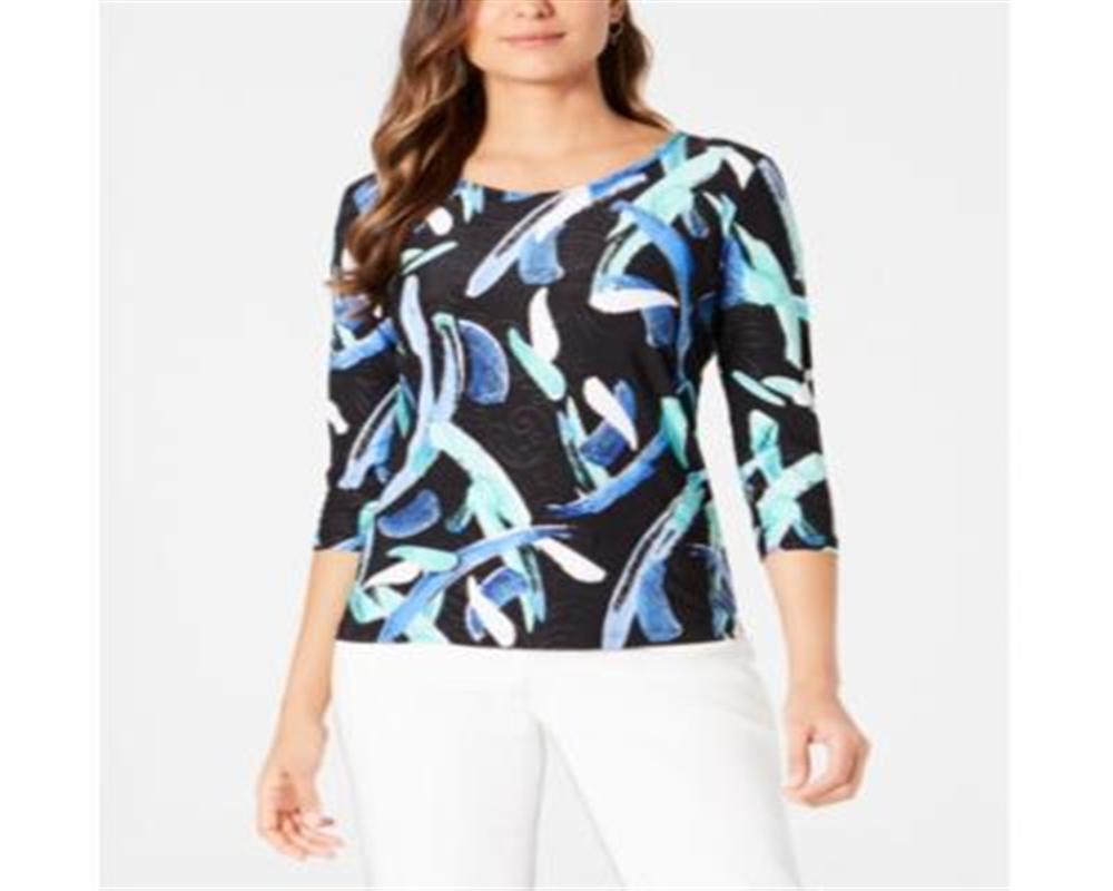 JM Collection Blusa feminina estampada com manga 3/4 em jacquard, preta, vários tamanhos, pequena, G