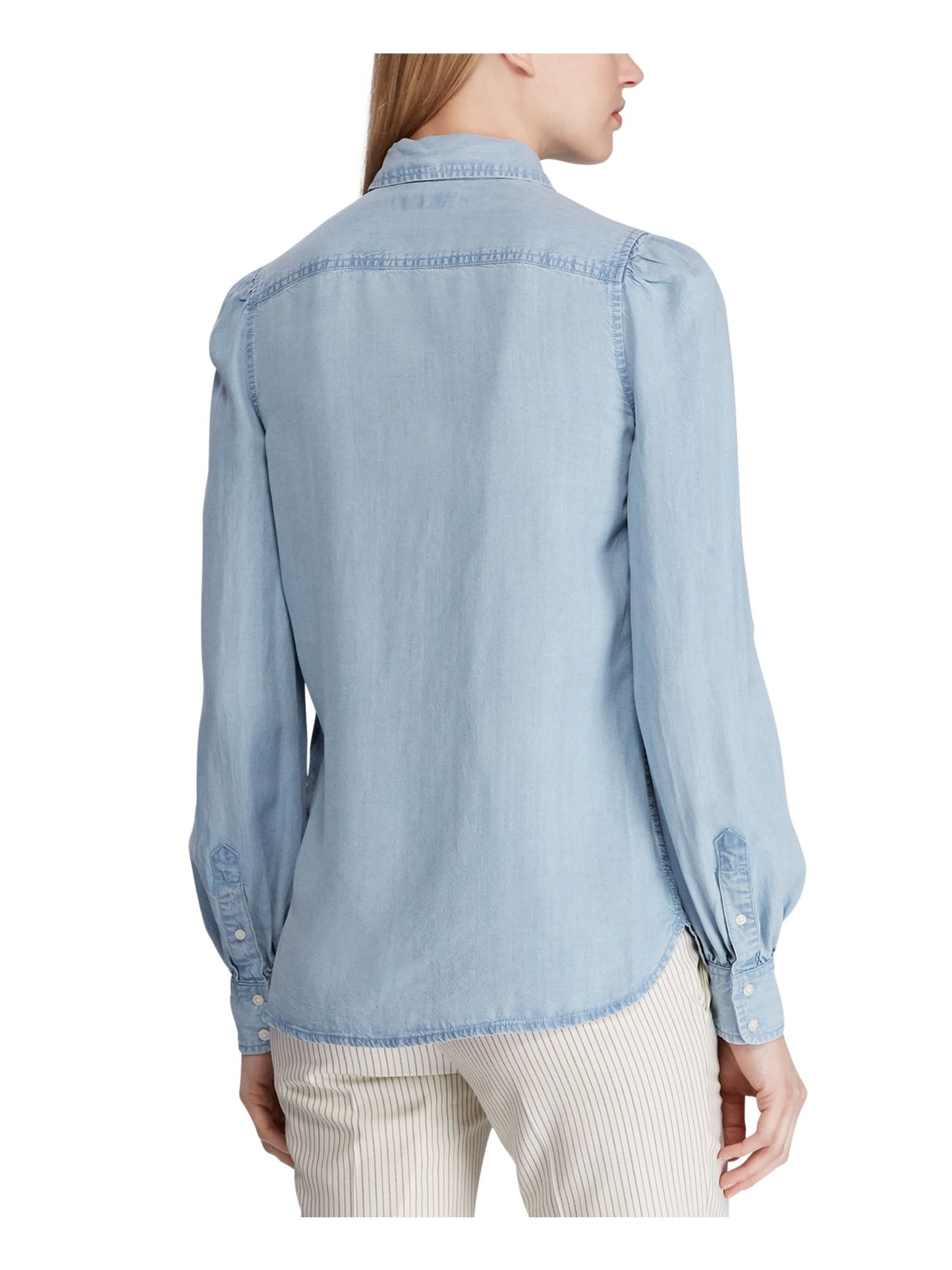 Camisa Ralph Lauren Feminina Cambraia com Gola Amarrada Azul Tamanho X-G