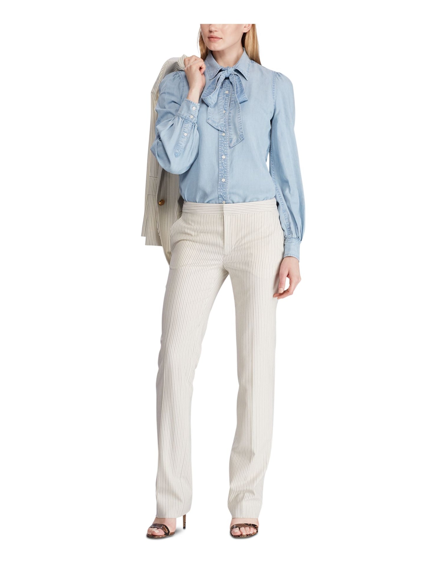 Camisa Ralph Lauren Feminina Cambraia com Gola Amarrada Azul Tamanho X-G