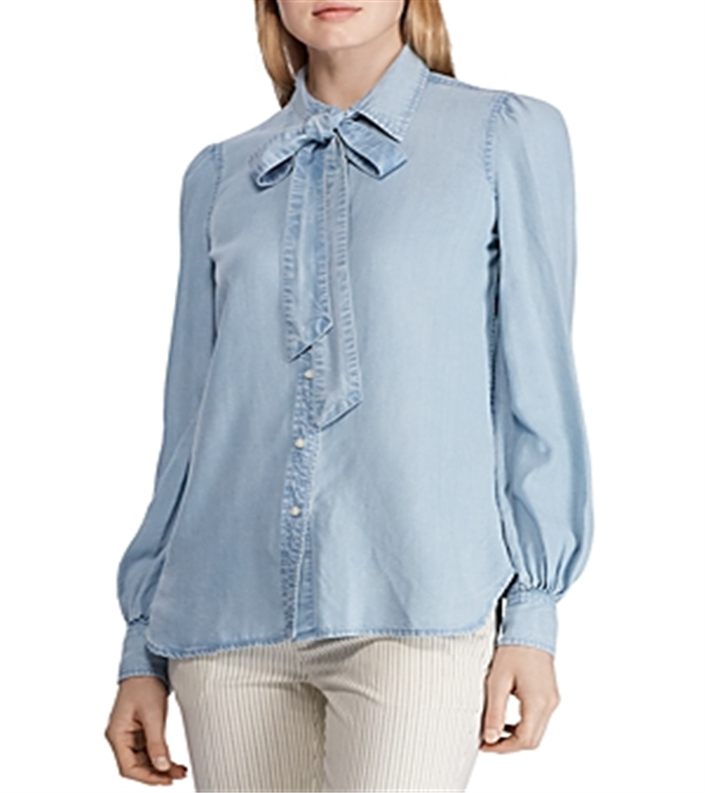 Camisa Ralph Lauren Feminina Cambraia com Gola Amarrada Azul Tamanho X-G