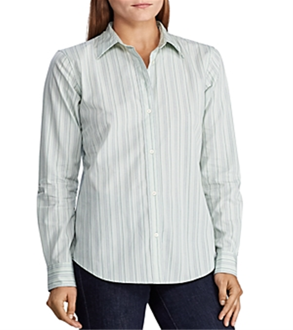 Camisa de algodão listrada Ralph Lauren feminina com botões, verde, tamanho grande