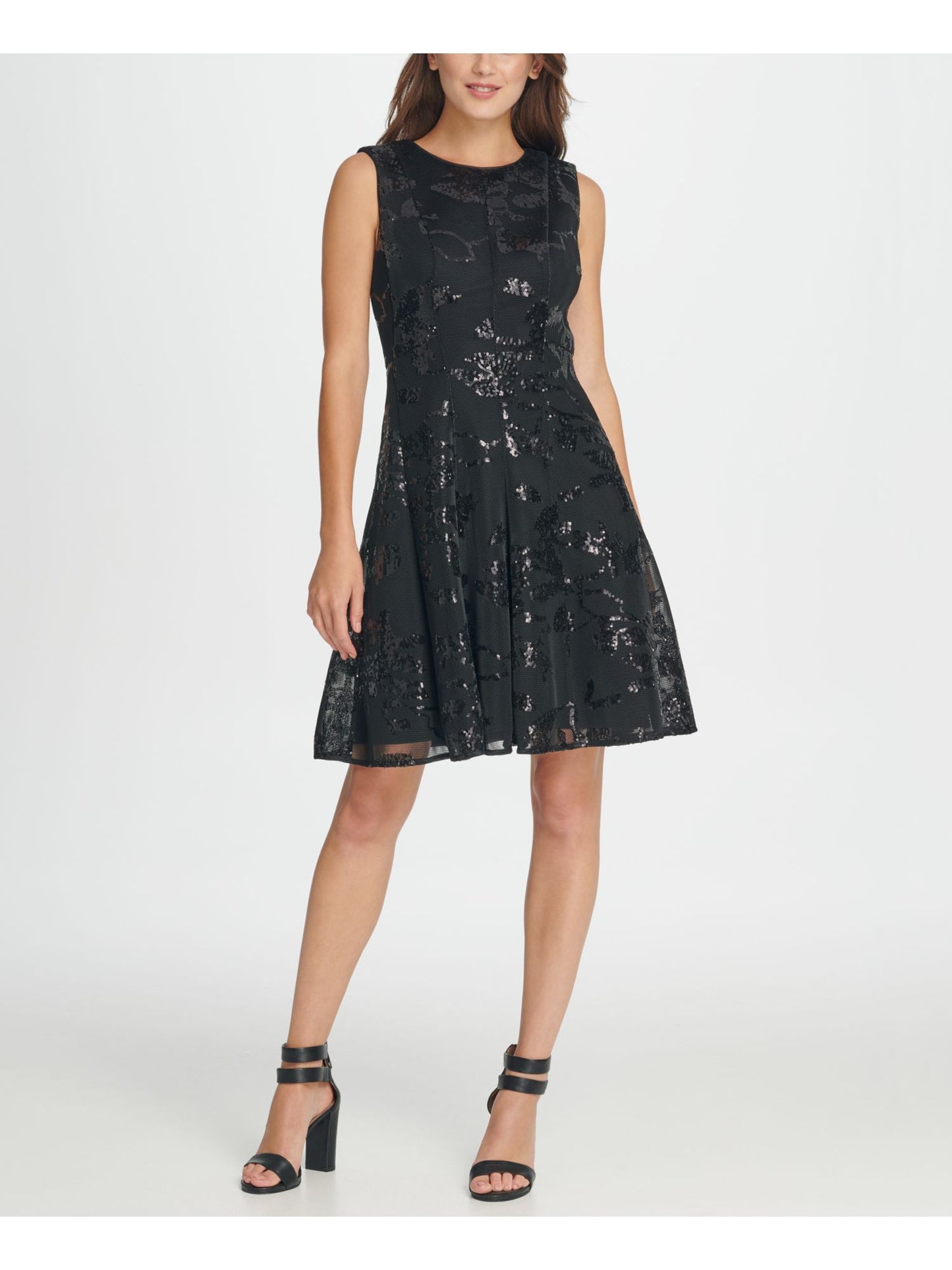Vestido de festa curto e flare com decote em joia e sem mangas DKNY feminino, preto, tamanho 2