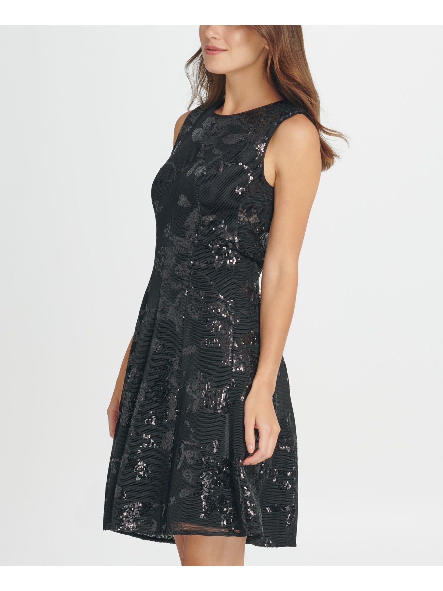 Vestido de festa curto e flare com decote em joia e sem mangas DKNY feminino, preto, tamanho 2