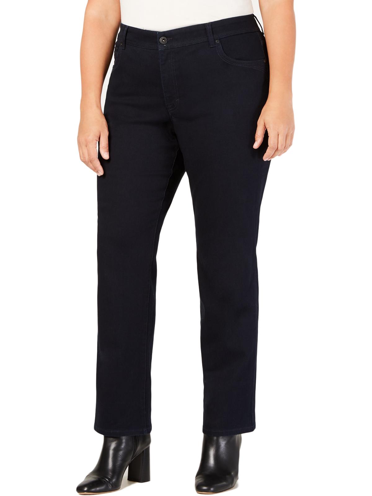 Calça jeans feminina com controle de barriga, lisa, perna reta, azul, tamanho 22