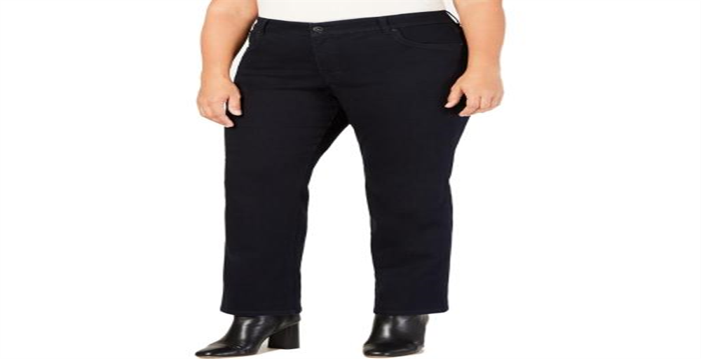 Calça jeans feminina com controle de barriga, lisa, perna reta, azul, tamanho 22