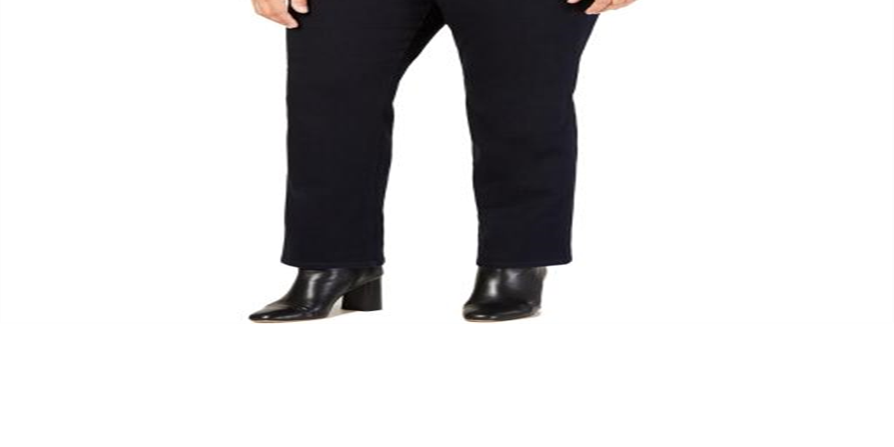 Calça jeans feminina com controle de barriga, lisa, perna reta, azul, tamanho 22