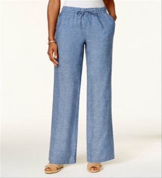 Charter Club Women's Linen Drawstring Pants Blue Size Petite Large