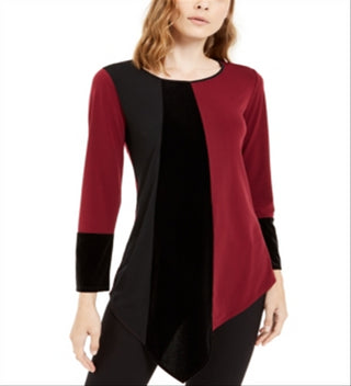 Blusa feminina Alfani com bainha assimétrica e blocos de cores, marrom e preto, tamanho pequeno grande
