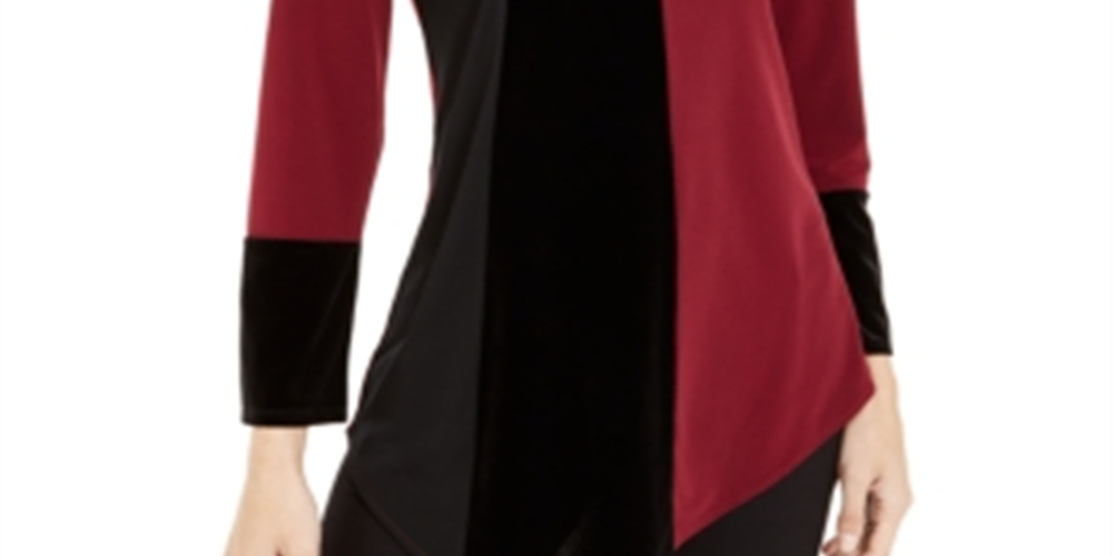 Blusa feminina Alfani com bainha assimétrica e blocos de cores, marrom e preto, tamanho pequeno grande