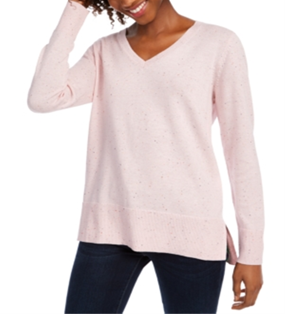 Suéter túnica feminino Maison Jules de algodão com decote em V, rosa, tamanho grande