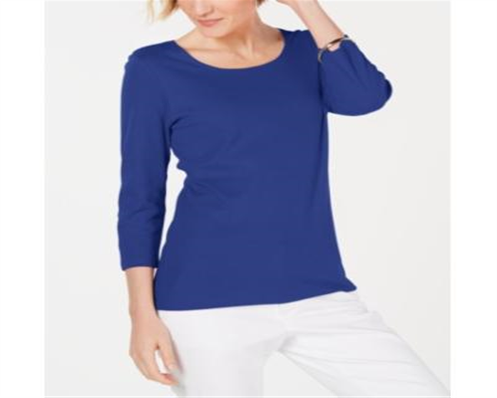 Karen Scott Blusa feminina de algodão com decote redondo, azul, tamanho pequeno GG