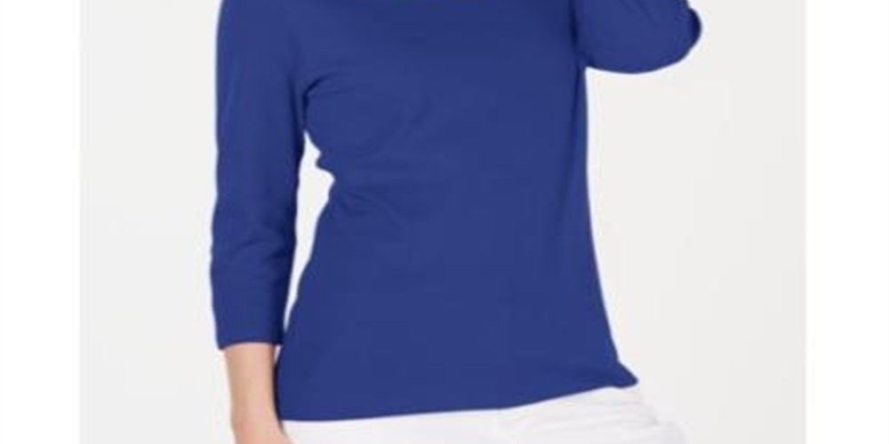 Karen Scott Blusa feminina de algodão com decote redondo, azul, tamanho pequeno GG