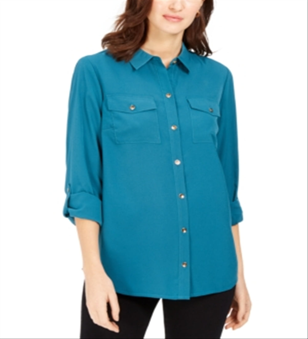 Camisa feminina Charter Club com dois bolsos, azul, tamanho extragrande