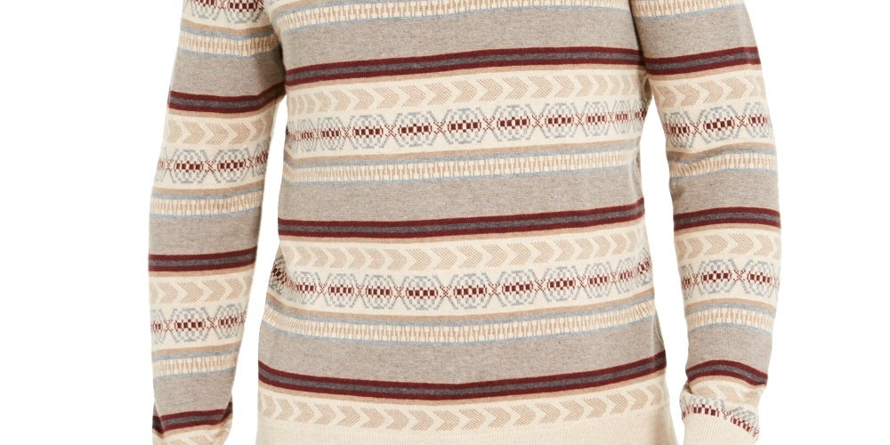 Suéter listrado masculino Tasso Elba com zíper de um quarto, bege, tamanho grande