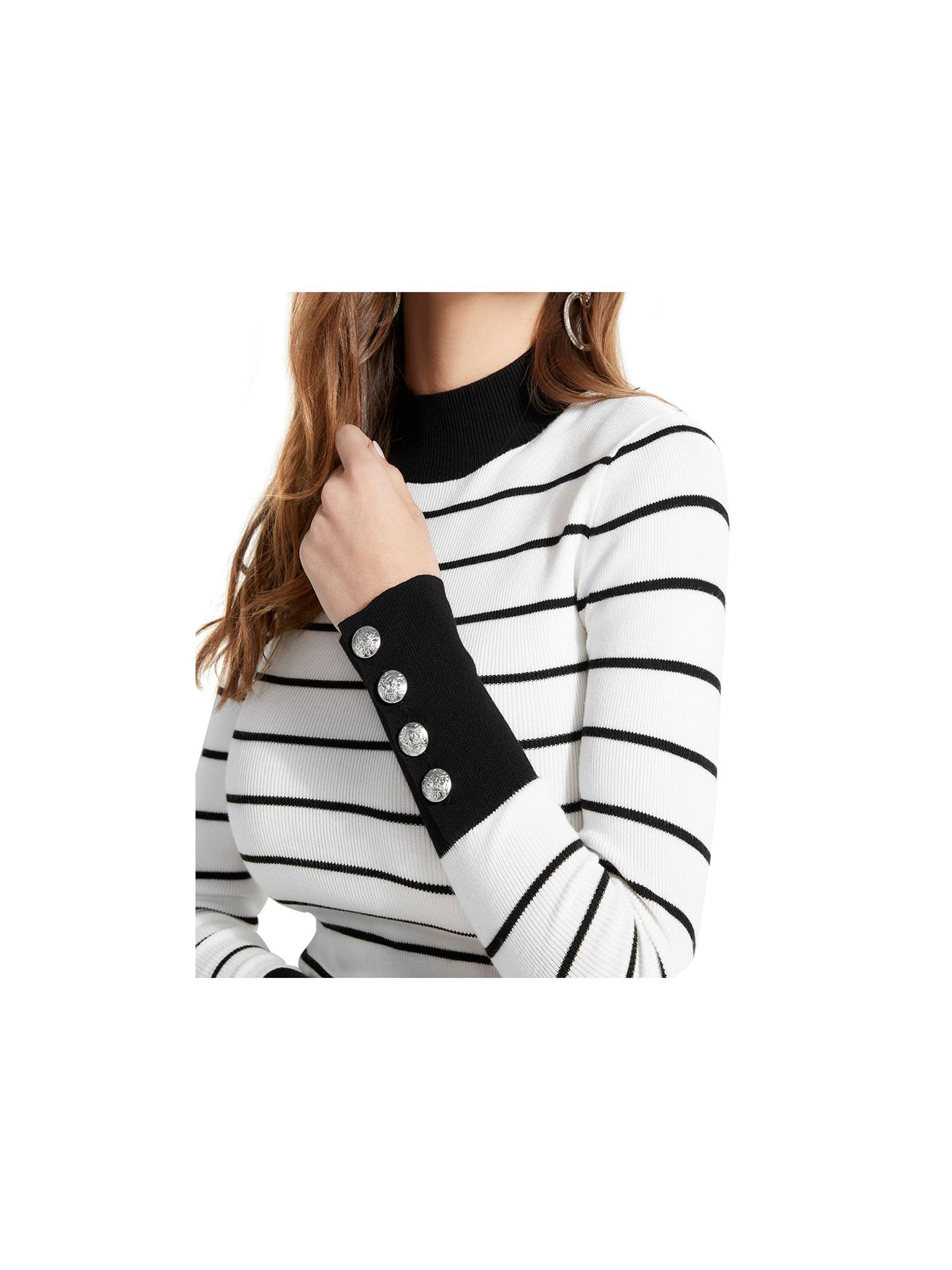 Suéter feminino Guess Rebekah listrado com botões e gola alta, tamanho X-S