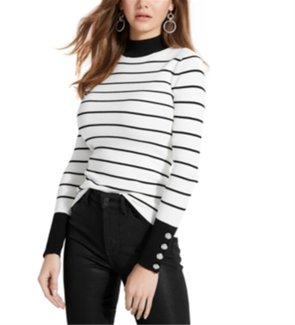 Suéter feminino Guess Rebekah listrado com botões e gola alta, tamanho X-S