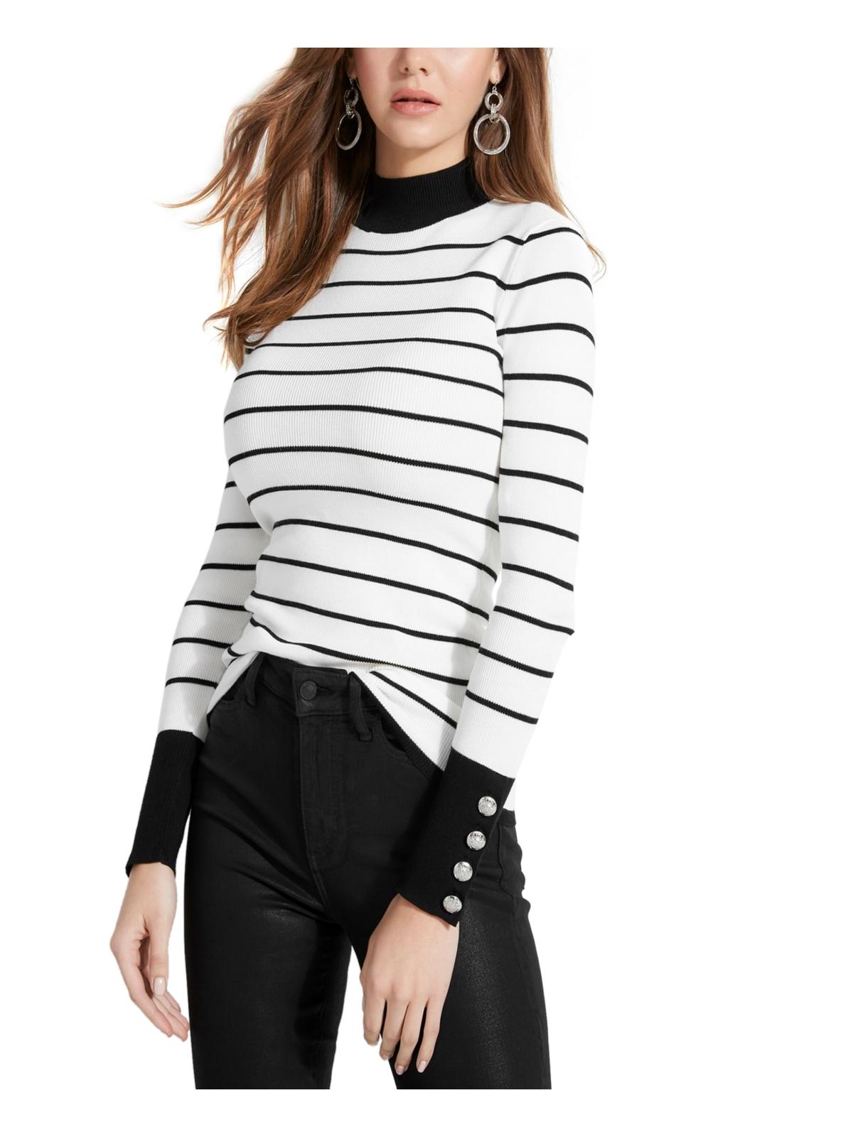 Suéter feminino Guss Rebekah listrado com botões e gola alta, tamanho grande, branco